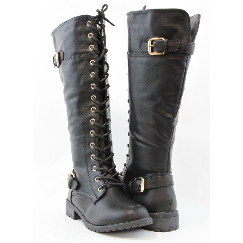 Women Knee High Lace Up Combat Boots Golden Buckle